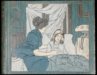 En mor som tar hand om sin sjuka dotter, från omslaget till en familjemedicinsk bok, ca 1900 (färg litho)