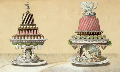 Design för presentationen av Charlottes a la Reine & Pain de Framboises a la Leda, illustration från en ungersk kokbok om fransk matlagning, ca 1880