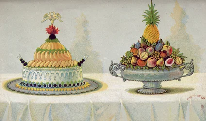 Design för presentation av unghöns kyckling med majonnäs och aspic på en bädd av smör och is och frukt, illustration från en ungersk kokbok om fransk matlagning, ca 1880