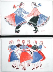 Vykort som föreställer traditionella ungerska danser, ca 1947-8 (lito i färg)