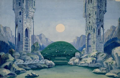 Scenografi till premiären av "Träprinsen" av Bela Bartok (1881-1945) 1917 (akvarell på papper)