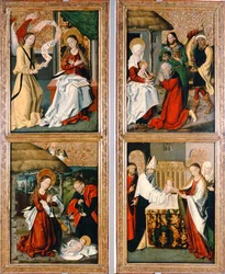 Bebådelsen, Kristi födelse, tillbedjan av männen och presentationen i templet från Szepeshely-altartavlan, 1480-90