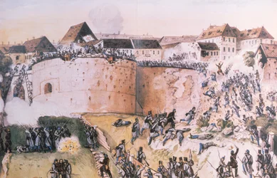 Den ungerska revolutionen 1848: Österrikiska trupper anfaller Budaslottet den 21 maj 1849 (wc på papper)