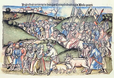 Den mongoliska invasionen av Ungern 1241 under Bela IV:s regeringstid av en original färgad trästick)