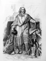 Graverat porträtt av Jacques-Benigne (Jacques Benigne) Bossuet, biskop av Meaux efter Hyacinthe Rigaud (Musée du Louvre) - i "Histoire de France" av Guizot