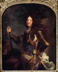 Porträtt av kungen av Frankrike Ludvig XIV (1638-1715), i rustning Målning av Hyacinthe Rigaud (1659-1743) 1700-talets sön. 2,21x1,3 m