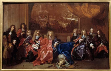 Prevoten och ledaren i staden Paris som överväger om minnet av middagen som erbjöds Ludvig XIV på Hotel de Ville efter hans krig 1687. Målning av Hyacinthe Rigaud (1659-1743)