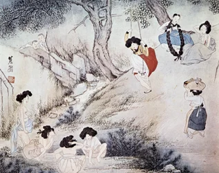 Kvinnor utomhus (badar i floden och gungar) och två män som tittar på dem, Kree - av Hye-Wol, Yi Dynasty