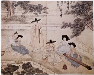 Musik, fumery och par i en trädgård, Korea - av Hye-Wol, Yi-dynastin
