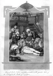 Amiral Nelson ligger dödligt sårad på kvartsdäcket på HMS Victory, 1816.