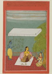 Nayika Awaits Her Lover, sida från en serie som illustrerar Rasikapriya från Keshavadasa, 1692 (ogenomskinlig wc på papper)
