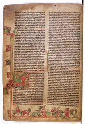 Historikerad initial D i början av Sagan om Olaf Tryggvason, från Flateyjarbok (Boken om Flatey) sent 1300-tal