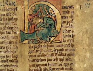 Historikerad initial H från en artikel rörande uppdelningen av strandvalar, kopia av en original 1300-talslagsamling Jonsbok