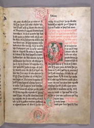 Historikert initial P som föreställer två handelsmän, från början av avsnittet om handel, från Skarosbok (Skardboken) ca 1350