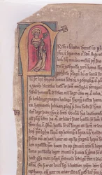 Historikerad initial i början av Sagan om de två apostlarna Johannes och Jakob, från Codex Scardensis, ca 1360