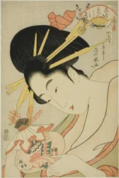Kurtisanen Hanahito från Ogiya och assistenterna Sakura och Momiji, från serien "Beauties of the Five Festivals (Bijin gosekku)"