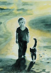 Pojken och katten går en promenad