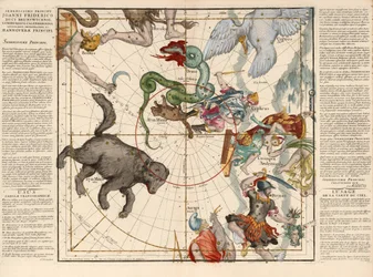 North Pole, Tallrik 1 från beskrivningen av det himmelska klotet i platta ramar, pub. 1674 (handfärgad gravyr)