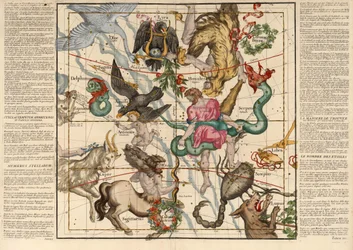 Winter Solstice , Tallrik 5 från beskrivningen av det himmelska klotet i platta bord, pub. 1674 (handfärgad gravyr)