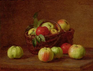 Äpplen i en korg och på ett bord, 1888