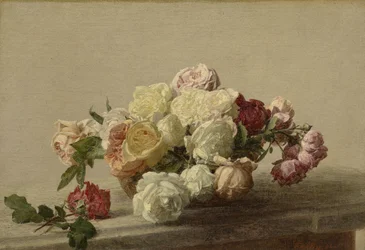 Skål med rosor på ett marmorbord, 1885