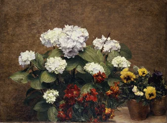 Hortensia och stockar med två krukor penséer, 1879