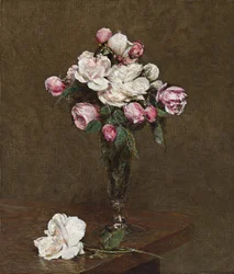 Rosa och vita rosor i en champagneflöjt, 1874