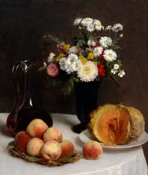 Stilleben med karaff, blommor och frukter, 1865