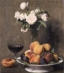 Stilleben med rosor, frukt och ett glas vin, 1872