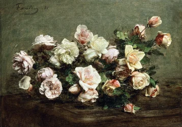 Vas av vita rosor på ett bord; Vas med vita och rosa rosor på bordet,