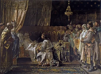 Kung James I erövraren ger sitt svärd till sin son, Pedro, 1881