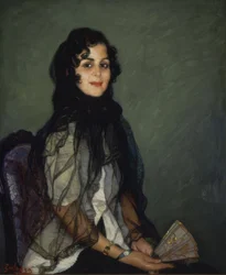 Angustias de Blanco med svart mantilj och solfjäder - 1900-talet - olja på duk - 95 x 79 cm