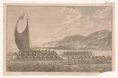 Hawaiianer och deras kung seglar i kanoter till James Cook för att ge honom presenter Terreeoboo, kung av Owijhee, kapten Cook kommer med gåvor (titel på objekt)
