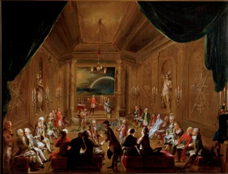Sammankomst i Wien för frimurarlogen Zur gekrönten Hoffnung år 1790. Wolfgang Amadeus Mozart (1756-1791) sitter till höger i förgrunden. Målning av Ignaz Unterberger. Historisches Museum der Stadt Wien
