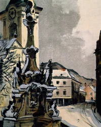 Utsikt över Hainburg an der Donau, Österrike, stad där Franz Joseph Haydn (1732-1809) studerade musik mellan 1738 och 1740, tryck av Igo Potsch (1884-1943) för att fira hundraårsdagen av musikerns död