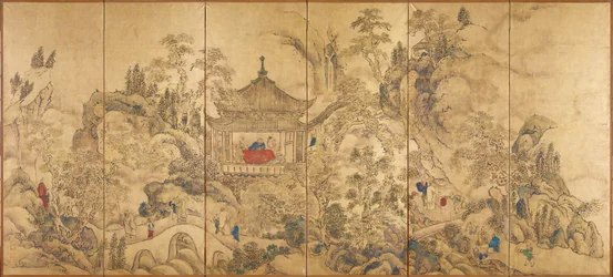 Landskap med en paviljong (Roukaku Sansui Zu, Landskap med torn) - Vänster del av ett par sexpanelsskärmar av Ike no Taiga (1723-1776), akvarell och bläck på papper, cirka 1750 - 1700-talets japansk konst, orientalisk landskap - Tokyo National M