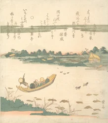 Färja som korsar Sumidafloden, ca. 1840.