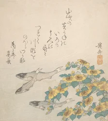 Fiskar som simmar med gula blommor, ca. 1830.