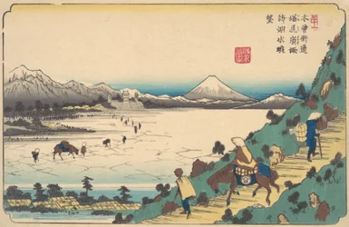 Lake Suwa från Shiojiri Pass, ca. 1835.