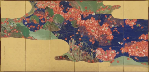 Lönnlöv på en bäck, sexpanelsskärm, Edo-period, 1856-58