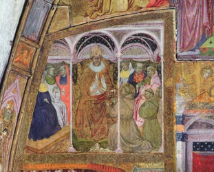 Sankt Franciskus vädjar till påve Honorius III om bekräftelse av avlaten, fresk från Porziuncola, 1393