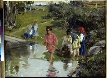 Children Fishing av Pryanishnikov, Illarion Mikhailovich (1840-1894)