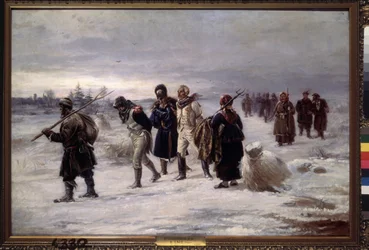 År 1812. (Fångar tillfångatagna från Napoleons Grande Armee går i snön, utmattade, eskorterade av ryska bönder). Målning av Illarion Mikhailovich Pryanishnikov (1840-1894), olja på duk