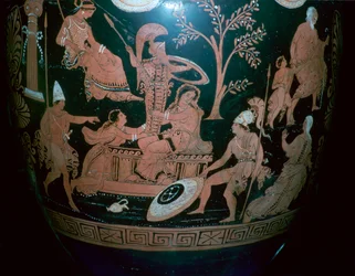 Grekisk rödfigurerad volutkrater med scen från Trojas säck, 300-talet f.Kr