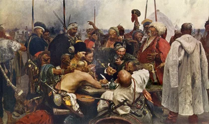 Zaporogernas kosackers svar på Sultan Mehmet IV (Muhammad, Mehmet, Mehmed, Mahmoud) (1642-1693) från Turkiet Gravyr från 1800-talet efter en målning av Ilya Repine. Ryska kosacker skickar ett hatbudskap till den turkiska armén i Constan