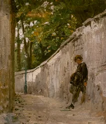 POJKE LUTAR MOT EN TRÄDGÅRDS VÄGG, MONTMARTRE