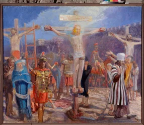 Golgata. Scen av korsfästelsen. På sidorna avbildas den gode rövaren, även kallad Sankt Dismas (eller Dysmas, Dimas, Dumas), och den onde rövaren (Gesmas eller Gestas), två tjuvar korsfästa med Jesus Kristus.