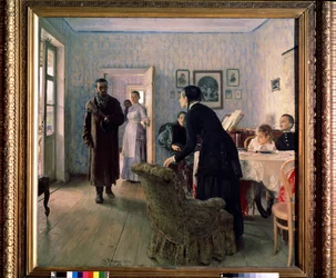 ""The Unexpected Return"" (Unexpected Return) Den oväntade återkomsten av politisk exil vid tiden för de nihilistiska rörelserna på 1880-talet. Målning av Ilya Yefimovich Repin (Ilia Repin) (1844-1930) 1884-1888 sön 160 . x 167,5 cm Tretyakov State Gallery