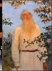 Porträtt av författaren Lev Nikolayevich (Leo eller Leon Tolstoy) (Tolstoy) (1828-1910). Målning av Ilya Repin (Ilia Repin) (1844-1930), olja på duk