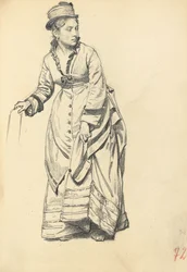 Stående kvinna som håller sin klänning, ca. 1872-1875
